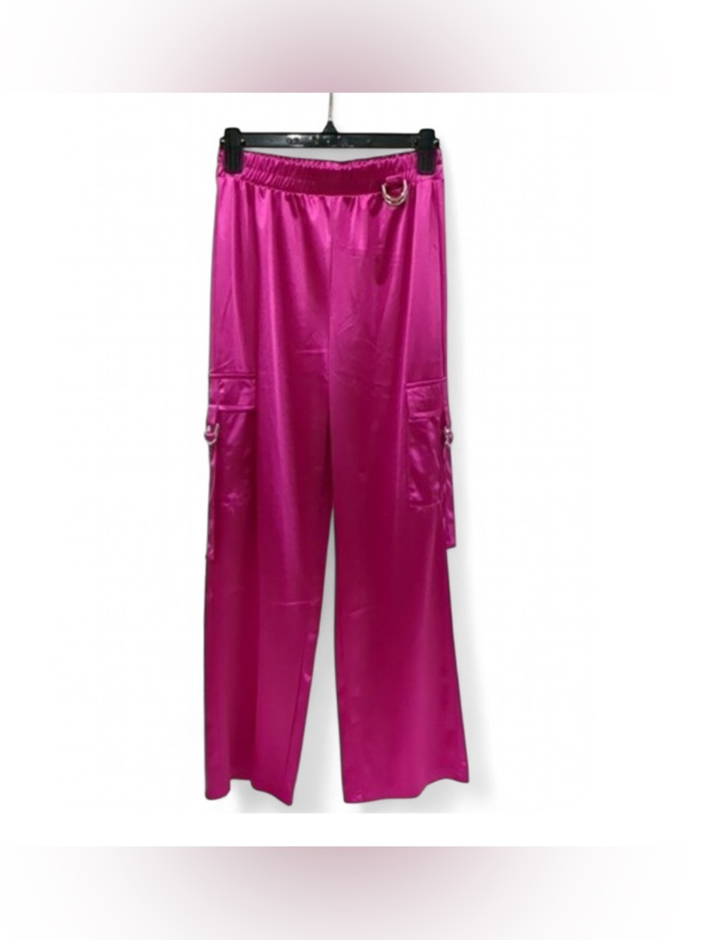 Hot Pink Satin Wide-Leg Cargo Pants